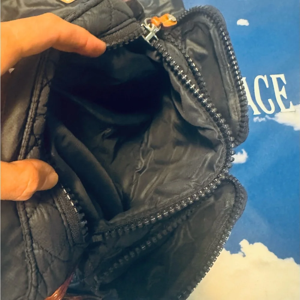 MZ Wallace Black Quilted Nylon Crossbody Bag with Brown Leather Accents